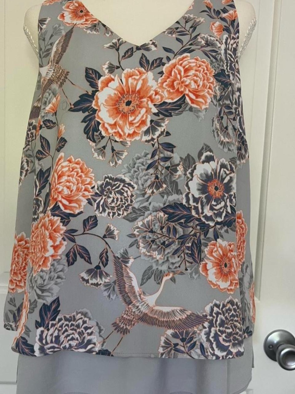 Banana Republic Gray Floral V-Neck Midi Dress with Coral Blooms